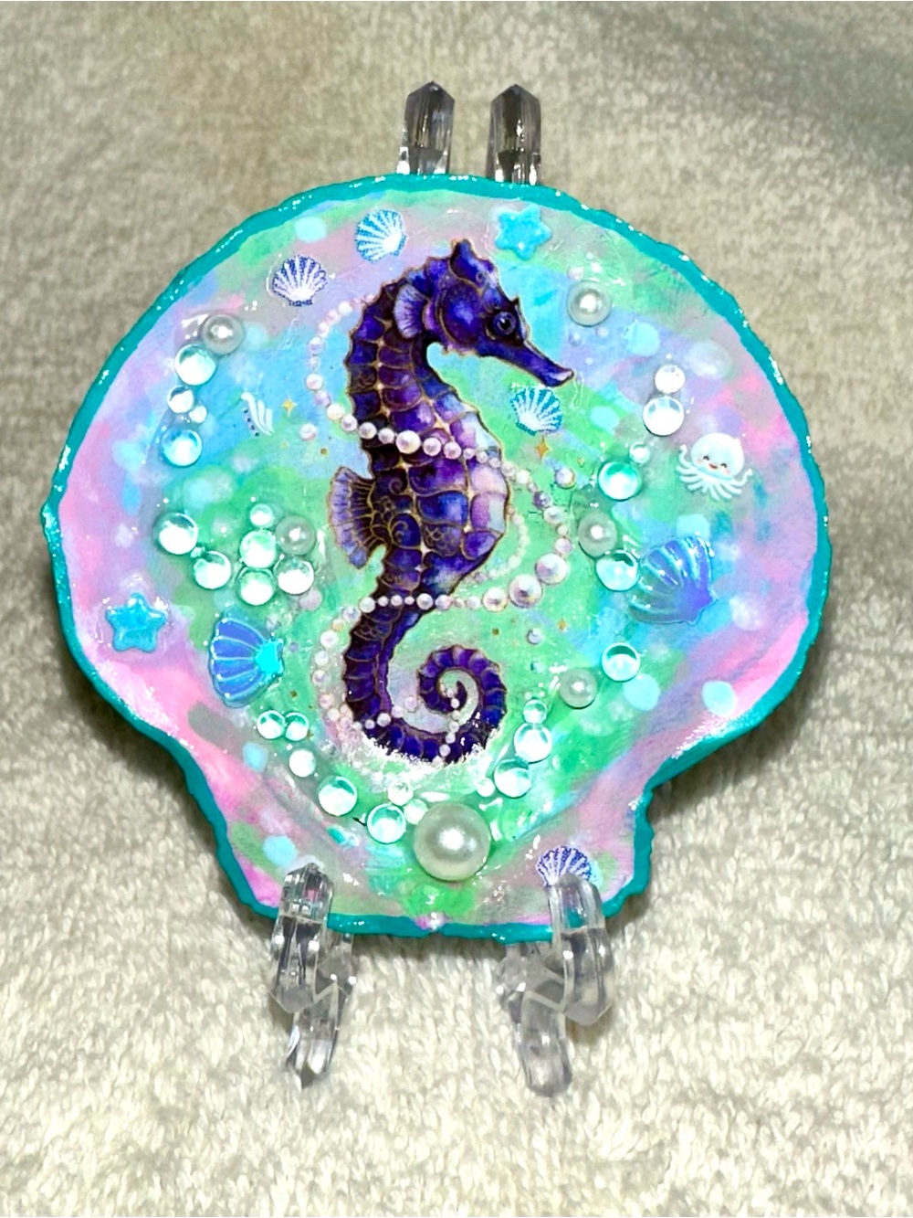 Hand Painted Purple Seahorse & Ocean Wave Seashell Art